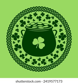 Leprechaun Pot of golden coins in Celtic Style Round frame. St. Patrick's Day label, badge or emblem. Vector illustration