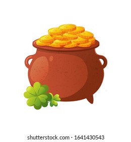 Leprechaun pot with golden coins. Saint Patrick's Day vector holiday design element.