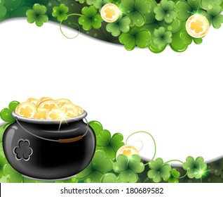 Leprechaun pot on clover and gold coins. St. Patrick's Day background.