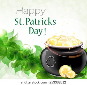 Leprechaun pot on clover and gold coins. St. Patrick's Day background.