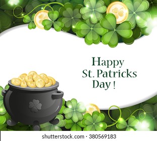 Leprechaun pot on clover and gold coins. St. Patrick's Day background.