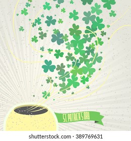 Leprechaun pot of shamrock and ribbon with congratulations on st patrick's day on a textured background.