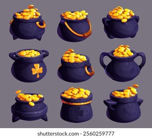 Leprechaun pots of gold game asset, vector UI, St Patricks Day irish holiday. Cartoon rainbow treasure cauldrons with golden clover leaves full of gold money lucky coins. Magic game leprechaun pots