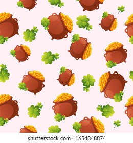 Leprechaun pots with golden coins and lucky clover.  Vector seamless pattern for Saint Patrick's Day holiday design.