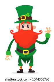 Leprechaun presenting, cartoon character, Happy Saint Patricks Day, vector illustration