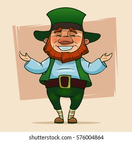 Leprechaun presenting, cartoon character, Happy Saint Patricks Day, vector illustration