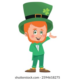 leprechaun presenting, Happy Saint Patricks Day character green. vector illustration.