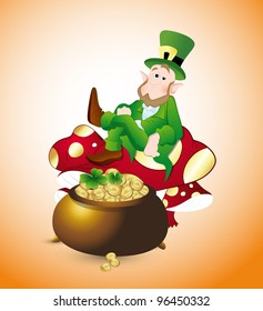 Leprechaun Protecting Treasure-St. Patrick's Day Cartoon Vector Illustration