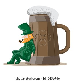 A leprechaun pushes a giant wooden beer mug against a white isolated background. Vector image eps 10