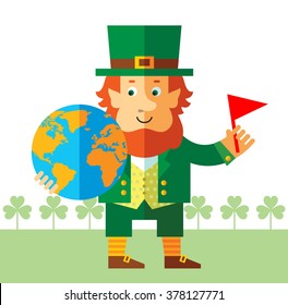 Leprechaun putting flag mark the globe. Flat style vector illustration   Symbol Saint Patrick's Day