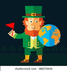 Leprechaun putting flag mark the globe. Flat style vector illustration   Symbol Saint Patrick's Day