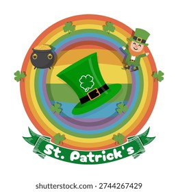 Leprechaun rainbow emblem with pot containing gold coins and emerald top hat for St. Patrick's Day, March 17th.