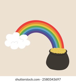 Leprechaun rainbow with a pot of golden coins. Illustration for St. Patrick's Day. Flat vector illustration.