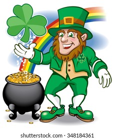 Leprechaun with rainbow shamrock and pot of gold