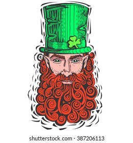 Leprechaun with a red beard with a green cylindrical hat, portrait