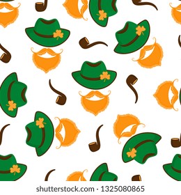 Leprechaun with a red beard and mustache in a green hat with a shamrock and with a smoking pipe seamless pattern. Happy St. Patrick's Day.