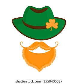 Leprechaun with a red beard and mustache in a green hat with a shamrock. Happy St. Patrick's Day
