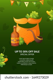 Leprechaun red beard on Irish green background. Saint Patrick Day vector holiday poster design.