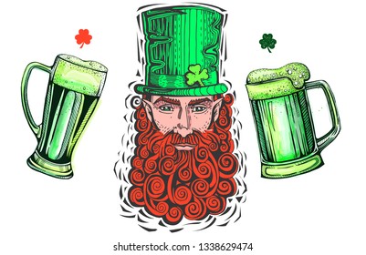 Leprechaun with  red beard, portrait and glass of beer and mug. Color engraving.