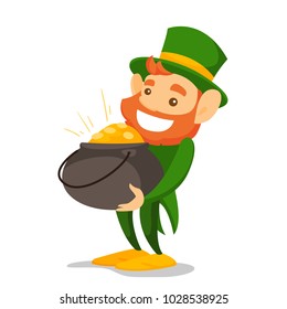 Leprechaun with red beard wearing green costume and hat and holding pot of gold coins. Saint Patrick Day and fairytale concept. Vector cartoon illustration isolated on white background. Square layout.