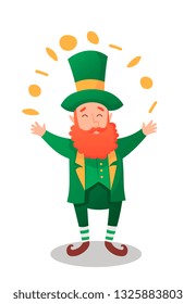 Leprechaun with red beard wearing green costume and hat and holding pot of gold coins. Saint Patrick Day and fairytale concept. Vector cartoon illustration isolated on white background. Square layout.