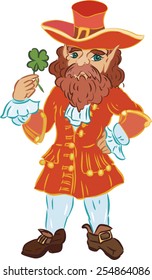 Leprechaun in a red coat with four-leaf clover