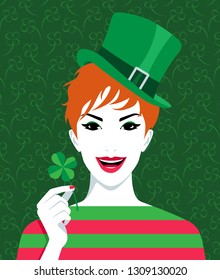 Leprechaun redhead woman wearing green hat and holding clover celebratin St. Patric day, vector illustration
