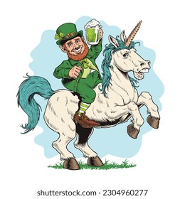 Leprechaun riding unicorn and holding the beer pint mug isolated on a white background. St Patric day poster, card or t-shirt design. Hand-drawn vector illustration