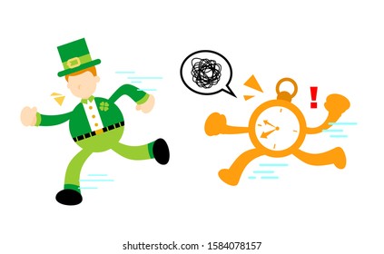 leprechaun run for clock time cartoon doodle flat design style vector illustration