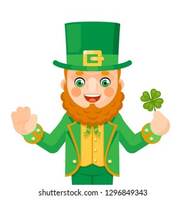 Leprechaun saint patrick character day celebration green clover traditional wear icon flat design vector illustration