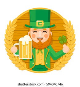Leprechaun Saint Patrick Day Celebration Clover Success and Prosperity Symbol Mug Beer with Foam Icon on Barrel Background Greeting Card Flat Design Vector Illustration