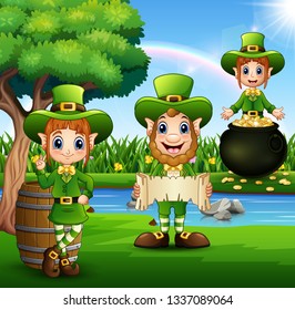 Leprechaun and Saint Patrick day characters with rainbow and pot of gold