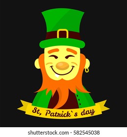 Leprechaun for Saint Patrick day. Irish holiday symbol of elf in green hat and red beard. Traditional Ireland celebration feast vector icon