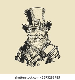 Leprechaun Saint Patricks day symbol. Engraving style, vector illustration 2