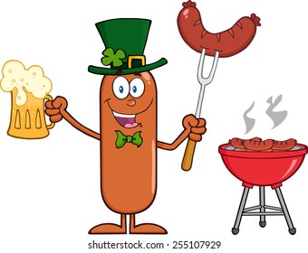 Leprechaun Sausage Cartoon Character Holding A Beer And Weenie Next To BBQ.Vector Illustration Isolated On White