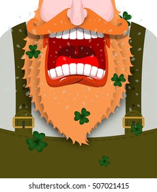 Leprechaun screams. Scary Gnome red beard shouts. Angry dwarf shout. grandfather in green coat. Open your mouth and teeth. Illustration for St. Patricks Day. National Holiday in Ireland