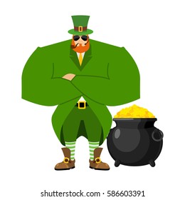 Leprechaun security bodyguard. Dwarf with red beard guarding pot gold coins. Legendary treasures for lucky. St.Patrick 's Day. Holiday in Ireland