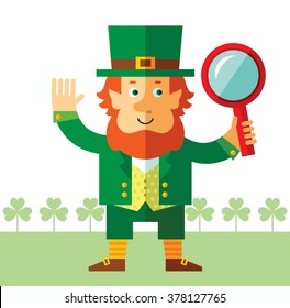 Leprechaun  Seeing Through Magnifying Glass. Flat style vector illustration   Symbol Saint Patrick's Day