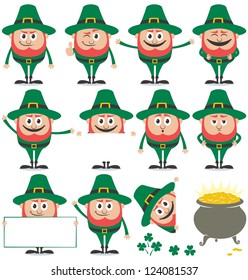 Leprechaun Set: Leprechaun in 11 different poses and his pot of gold over white background.