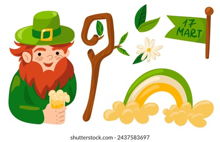 leprechaun set with beer, a rainbow in the clouds, a stick with leaves, flowers and leaves. A cute vector leprechaun. Happy St. Patrick's Day. A funny leprechaun character a collection of spring items