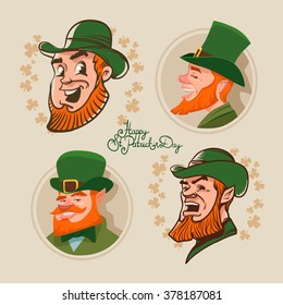 leprechaun set, Irish man head, beard, St. Patrick's Day design, cartoon character portrait, for your design, vector illustration