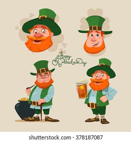 leprechaun set, Irish man head, beard, St. Patrick's Day design, cartoon character portrait, for your design, vector illustration