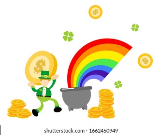 leprechaun shamrock celtic and cauldron with money and rainbow cartoon doodle flat design style vector illustration