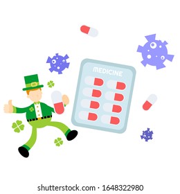 leprechaun shamrock celtic cure medicine corona virus pathogen cartoon doodle flat design style vector illustration