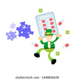 leprechaun shamrock celtic cure medicine corona virus pathogen cartoon doodle flat design style vector illustration