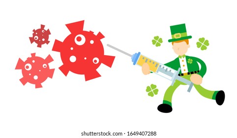 leprechaun shamrock celtic cure medicine corona virus pathogen cartoon doodle flat design style vector illustration