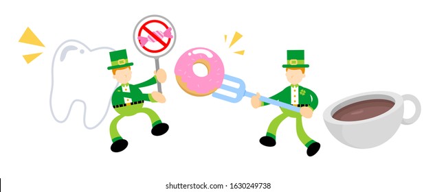 leprechaun shamrock celtic and dental care stop eat candy cartoon doodle flat design style vector illustration