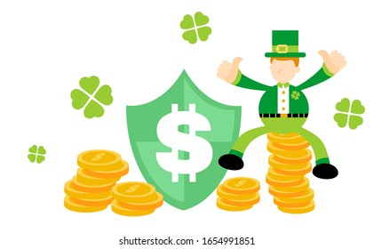 leprechaun shamrock celtic and dollar shield business money protection cartoon doodle flat design style vector illustration