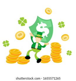 leprechaun shamrock celtic and dollar shield business money protection cartoon doodle flat design style vector illustration