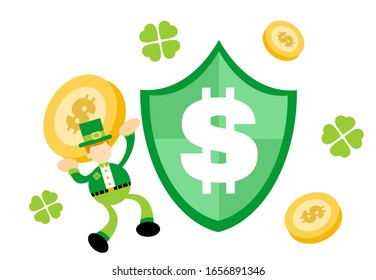 leprechaun shamrock celtic and dollar shield business money protection cartoon doodle flat design style vector illustration